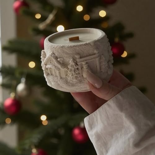 Image of Winter Wonderland Scented Candle, White Ceramic Holder with Snow Village Relief Design, Christmas Holiday Decor