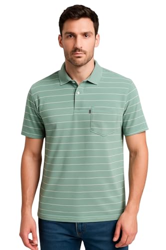 Image of WILD ELEPHANT Men Striped Polo T-Shirt | Cotton Short Sleeve Polo Neck with Button | Chest Pocket Casual Wear