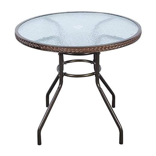 TANGKULA 32" Patio Table Outdoor Round Wicker Covered Edge with Tempered Glass Top and Umbrella Insert Coffee Dining Tabel Patio Furniture for Lawn Garden Pool Steel Frame Commercial Party Table