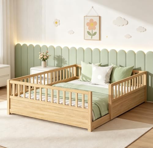 Bellemave Queen Floor Bed with high Fence Solid Pine Wood Montessori Bed for Kids Girls Boys Floor Bed Frame Natural with slats