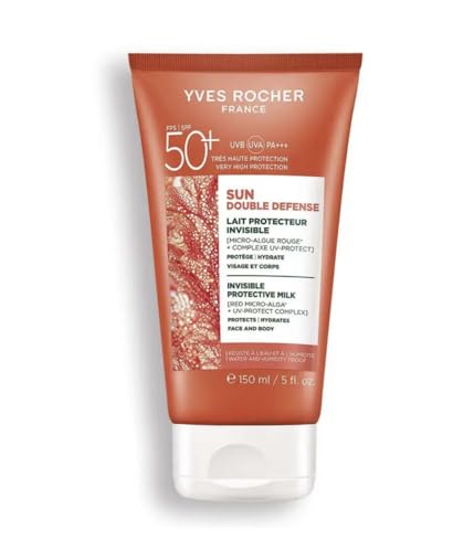 Yves Rocher Sun Double Defense 50 Care Moisturizing Body Milk Red Microalgae Extract Lightweight Hydrating Lotion Face Body Water Resistant Invisible Finish Summer Skin Care 150 ml 5.0 fl oz image 4