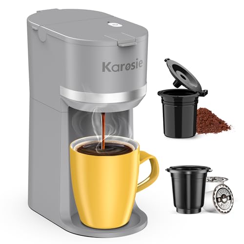 Image of Single Serve Coffee Maker for K-Cup and Ground Coffee,Fast Brew,6-12 oz Brew Sizes One Cup Coffee Machine Fits 5.5 inch Mugs,One-Button Coffee Maker with Descaling Reminder,Grey,9.45 Inches