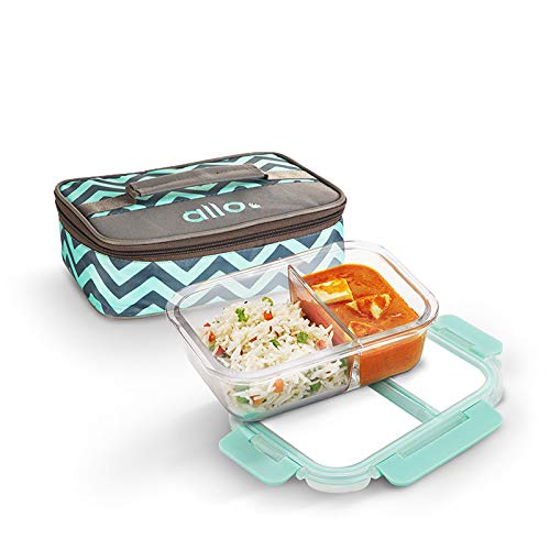Allo FoodSafe 580ml x 1 Glass Microwave Oven Safe Lunch Box with Break Free Detachable Lock | High Borosilicate | Office Tiffin with Canvas Grey Flat Bag | Rectangle Divider