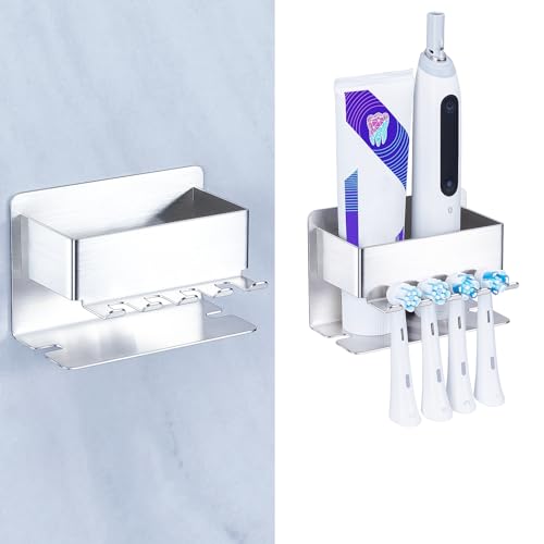 Image of Toothbrush Head Holders, Electric Tooth Brush Head Holder, Adhesive Toothpaste Holder for Shower Bathrooms, Wall Mounted Tooth Brushing Holder Organizer Storage (Silver, Small)