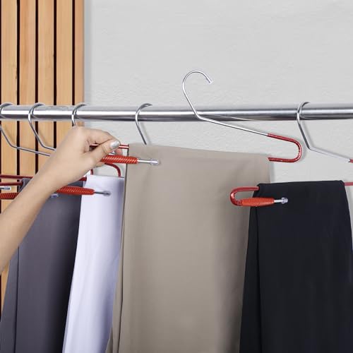 Image of ROLLYWARE Stainless Steel Saree Hangers with Lower Band Lock Hanger for Saree Hanging for Wardrobe(Red and Silver) - Pack of 10