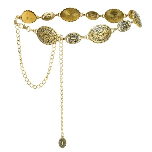 Women Boho Chain Belts, Western Cowgirl Waist Links Belt Adjustable Metal Concho Metal Chain Dress Belt Hollow Out Daisy Decorated Skinny Waist Belt For Dresses