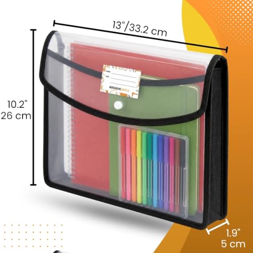 Image of Amazon Basics Horizontal File Folder | Transparent Poly-Plastic Envelope Pouch for A4 /Foolscap Documents | Water Resistant Snap Button File Storage Bag | Office, School Stationery | Black - Pack of 5