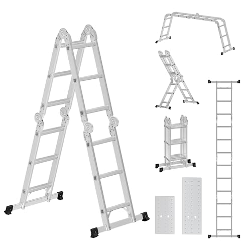 SONGMICS Escalera, Escalera Multiusos, Escalera de Tijera, Escalera de Aluminio, Escalera Doméstica, 4 x 3 Peldaños, hasta 150 kg, 12 Peldaños, Diseño 6 en 1, 326 cm de Largo, Plata GLT36M