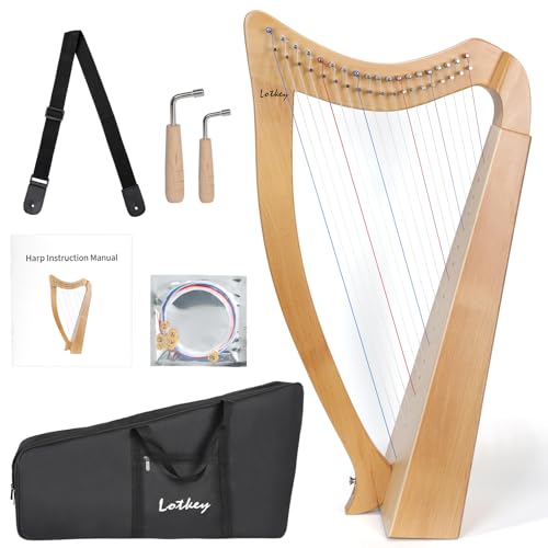 Lotkey 19 Strings Beech Wood Harp, Complete Accessories with Tuning Wrench,Bag,Strap,Instruction & Spare Strings, Lyre Harp for Beginners & Professionals,Ideal Musicial Gift for Decor & Performance