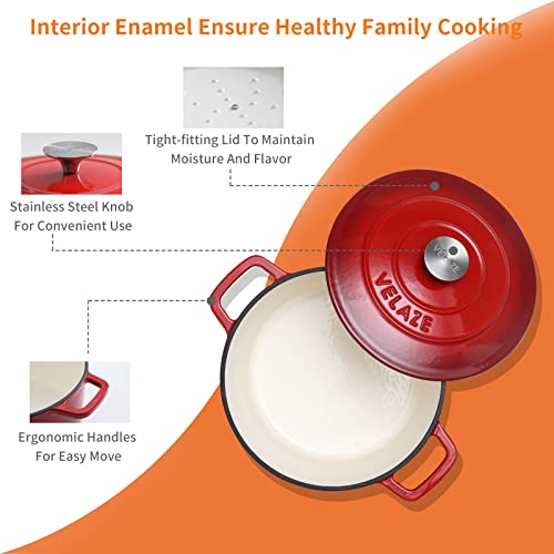 Image of Velaze 6 QT Enameled Cast Iron Dutch Oven Pot with Lid, Red