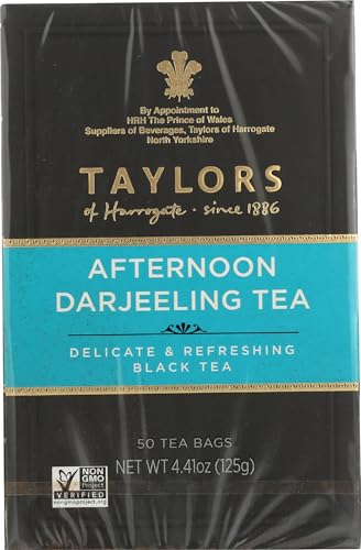 Taylors of Harrogate Afternoon Darjeeling, Black Tea, Pillow Bags 50 Count (Pack of 1), Delicate, Sweet & Floral, Caffeinated, Enjoy Hot or Iced, 50 Teabags