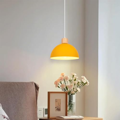 iDEGU 25cm Retro Pendant Light E27 LED Ceiling Light Modern Scandinavian Style Hemisphere Hanging Lampshade Metal Wood Pendant Light Fixture for Bedroom Dining Room Kitchen Restaurant (Yellow) - Image 3
