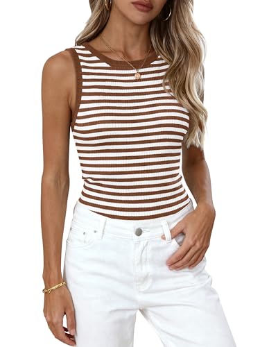 Image of PRETTYGARDEN Striped Tank Top for Women Slim Fit Ribbed Knit Casual Sleeveless Shirts Tight Basic Tops Summer Clothes 2025, Striped Brown, L