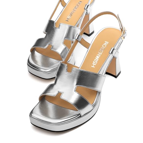 Image of ROSERWISH Womens Platform Heeled Sandals, Open Square Toe Chunky Heels, Strappy Sandals for Women, Leather Insole Dress Shoes for Prom Weeding Bride Party 3.5 inch