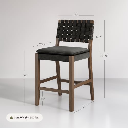 Image of Nathan James Cohen Mid-Century Modern Suede Bar Stool, Counter Height Chair in Solid Wood Frame with Footrest and Woven Suede Back for Kitchen, Black