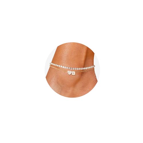 Image of Gold Initial Ankle Bracelets for Women 14K Gold Plated CZ heart Tennis Anklets for Women Waterproof Adjustable Initial Anklets Large Ankle Summer Beach Foot Jewelry