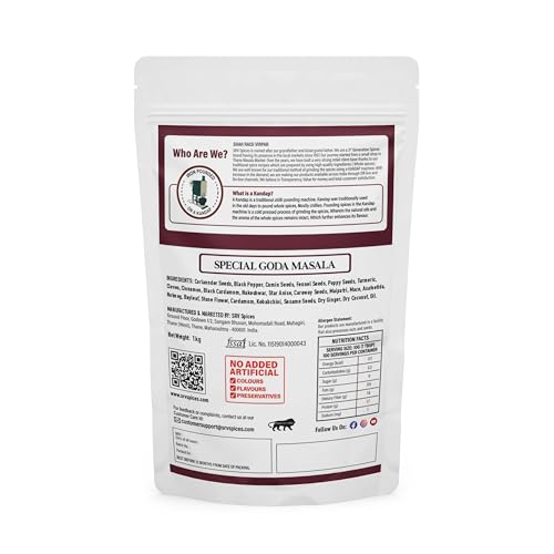 Image of SRV Spices Goda Masala - 1 kg | Traditional Maharashtrian Powder | Iron Pounded, Sweet Aroma, Preserves Natural Oils | Brahmani Puneri Kala Masala for Dal, Khichdi, Veg Curries & Bhaji