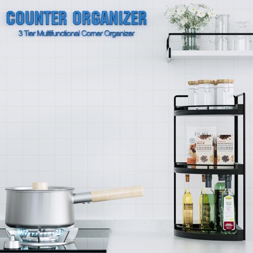 Image of Corner Bathroom Counter Organizer, 3 Tier Bathroom Sink Shelf Countertop, Wood Vanity Skincare Storage for Toiletries Decor, Makeup, Dresser(Black)