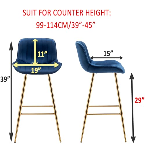 Image of Sidanli Velvet Blue Bar Stools, 29 Inch Upholstered Island Stools with Footrests, Gold Bar Chairs for Home, Kitchen Island, Dining Room