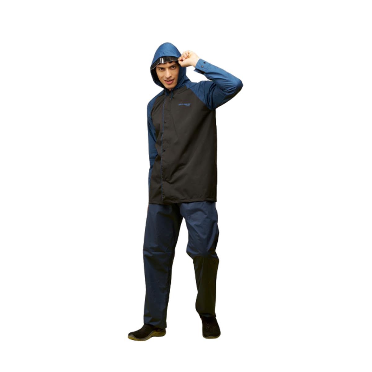 WATER FIGHTER by ZEEL Rain Coat for Men with Adjustable Hood, Polyester Waterproof Full Sleeves, Top and Bottom Set Rainwear, Front Zip with Snap Button Flap, Lightweight (EWF87, Black & Blue, 2XL) - Image 2 thumbnail