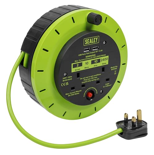 Sealey 10m Cassette Type Cable Reel Green with Thermal Trip 2 x 230V and 2 x USB - BCR10G