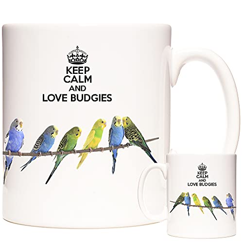 Image of Budgerigar Mug, Keep Calm and Love Budgies. 11oz Ceramic Gift Mug Featuring Budgies. Gift for Budgie Keepers and Breeders.
