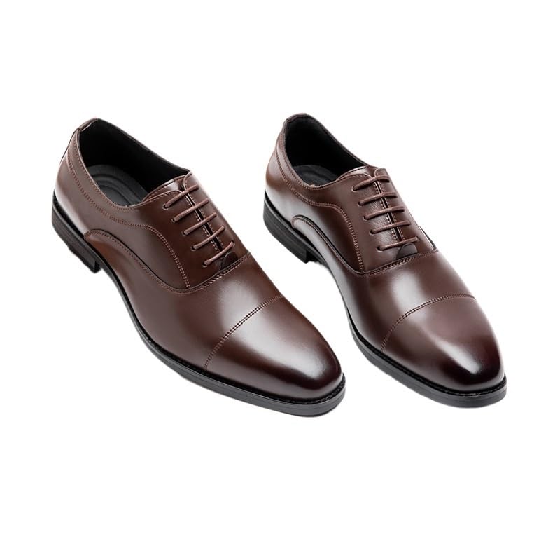 Formal Shoes for Men Lace Up Square Toe Genuine Leather Cap Toe Oxford Shoes Anti-Slip Non Slip Resistant Party(Brown,7.5)