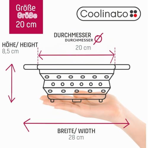 Foto von Coolinato – Sieb aus Silikon faltbar 20 cm Grau – Nudelsieb für Pasta, Gemüse & Obst - Küchensieb spülmaschinenfest, BPA-frei, & hitzebeständig bis 230°C - Platzsparendes Abtropfsieb zusammenklappbar