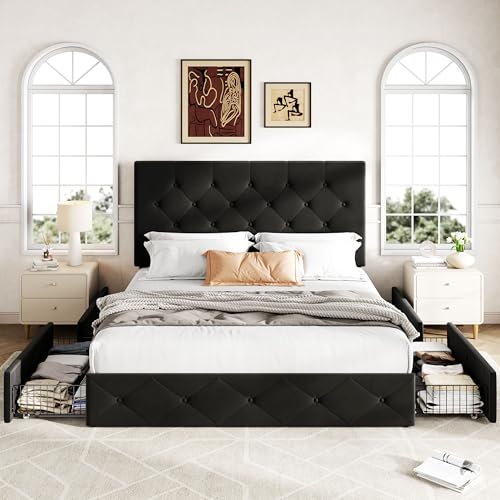 Image of Allewie Upholstered Full Size Platform Bed Frame with 4 Storage Drawers and Adjustable Headboard, Diamond Button Tufted, Wooden Slats Support, Noise-Free, No Box Spring Needed, Easy Assembly, Black