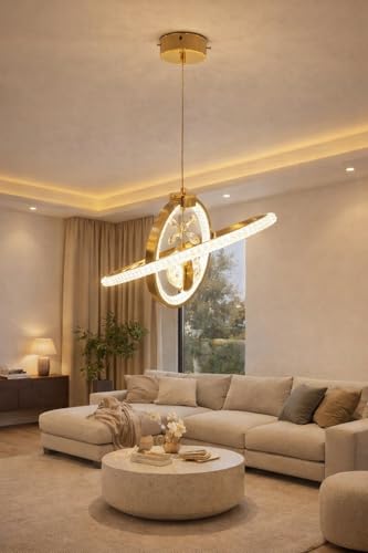 Image of Modern Luxury Crystal Stylish LED Ring Gold Finish with 3 Different Color Mode (Warm White, Cool White, Neutral White) Chandelier with Height Adjustable Hanging for Bedroom, Living, Dining,