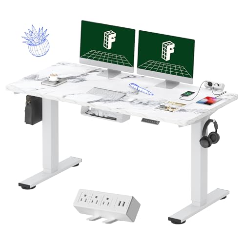 Image of FLEXISPOT EN2 Whole-Piece Standing Desk with Clamp Power Strip, 55 x 28 Electric Stand Up Height Adjustable Desk with Cable Management (White Frame + 55 inch Marble Grey Top, 2 Packages)