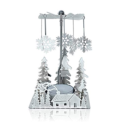 Winter Holiday Cabin Silver Candle Spinner - Silver Plated Laser Cut Winter Scene - Cabin Trees with Snowflake Charms - Tea Light Candle Holder - Christmas Decor - 5