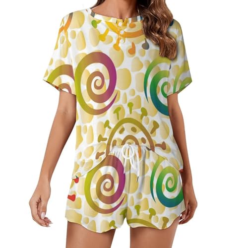 Pyjama femme manches courtes fluide et frais vêtement de nuit aquarelle soleil doré