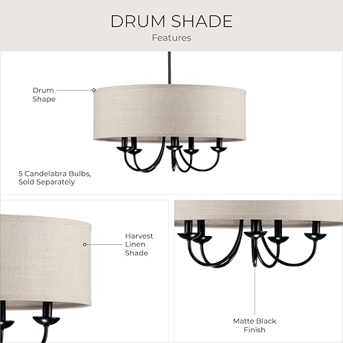Image of Progress Lighting Drum Shade Collection Five-Light Chandelier, Farmhouse Style Hanging Ceiling Light Fixture for Dining Rooms, Foyers, Harvest Linen Shade, Matte Black