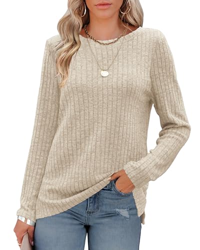 Odosalii Long Sleeve Tops Women Crew Neck Fall Jumpers Ladies Basic Lightweight Tunic Sweaters Beige Holiday Family Matching Outfits Beige Size 18-20