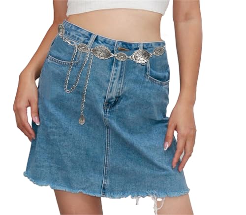 Women Metal Oval Western-Cowgirl-Belt Waist-Link - Rhinestone-Waist-Chain Silver Diamond-Country-Belts for Dresses Jeans