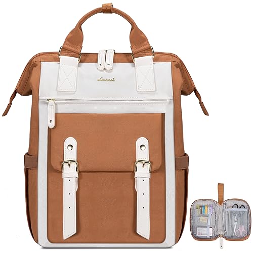 LOVEVOOK Laptop Backpack,Teacher Nurse Work Travel Backpacks Purse for Women, Computer Bag with USB Charging Port, 15.6 inch Brown White