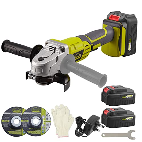 Cordless Angle Grinder DEWINNER 2 * 3000mAh 20V Li-Ion Batteries & Fast Charger 2-Position Adjustable Auxiliary Handle Electric Brake 1 Cutting &1 Grinding Wheel for Carpenter Builder