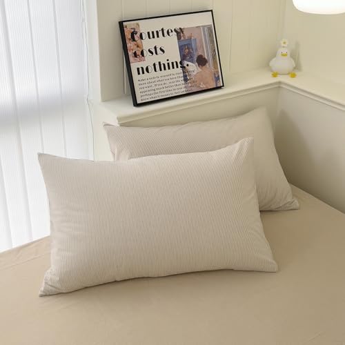 Image of mixinni Tan Striped Duvet Cover Queen Size - 100% Washed Cotton Beige Pinstripe Comforter Cover with Zipper Closure, Lightweight & Breathable, 3 Pieces Minimalist Stripes Pattern Printed Bedding Set
