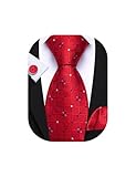Barry.Wang Red Tie for Men Plaid Silk Necktie Pocket Square Cufflinks Set Formal Wedding Party Business