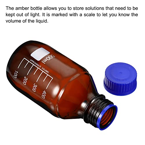 Patikil 500Ml Reagent Media Bottle, 2Pcs Round Graduated Glass Storage Bottle Blue Screw Cap For Chemistry Lab Universities Home, Amber #TOP3