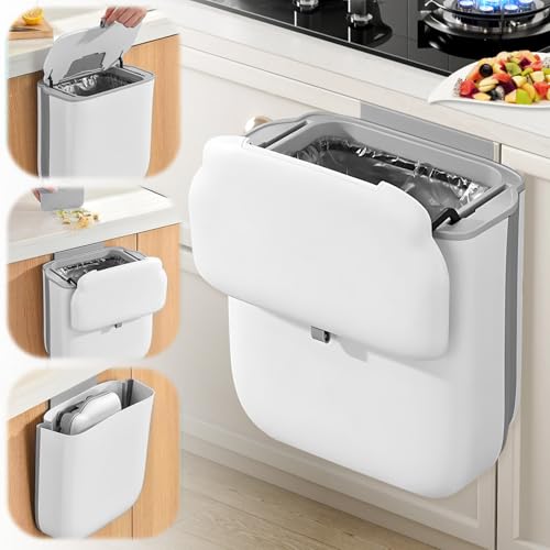 Foldable ​​Hanging Kitchen Food Waste Bin with Lid, 10L Wall Mounted ​Compost Caddy, White Cabinet Recycling Trash Can for Counter Top, Under Sink, Cupboard Door, Bathroom, RV, Camping, Bedroom