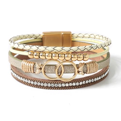 Rantanto Boho Braided Leather Wrap Bracelet Trendy Layered Cuff Bracelets Bohemian Stackable Fashion Bracelet Jewelry For Women (Circle Beige)