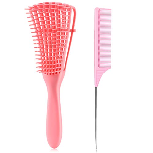 2 Pieces Detangler Brush 4c Hair Set with Rat Tail Comb for Curly Hair Detangler for Afro America Afro Textured 3a to 4c Kinky Wavy, for Wet/Dry/Long Thick Curly Hair (Pink)