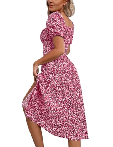 Image of SPRIME Women's Floral Summer Casual Dress Square Neck Puff Sleeve Boho Midi Dresses Ruched Bust High Waist Split Long Dress