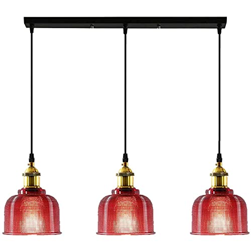Suspension vintage industrielle 3 branches luminaire suspendu en verre rouge plafonnier E27