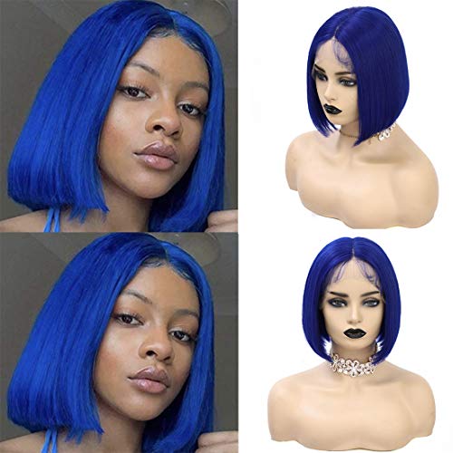 BHL Blue Bob Wig T Part 13x1x4 Lace Front Wigs for Women China Virgin Human Hair Lace Front Colourful Short Bob Wigs for Women 150% Density Pre Plucked with Baby Hair (10 inch, Sapphire Blue)