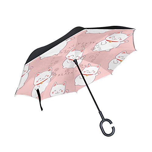 Preisvergleich Produktbild SKYDA Umkehr-Regenschirm, japanische Glückskatze, umgekehrt, doppelschichtig, Winddicht, Regenschirm für Auto und Regen im Freien, mit C-förmigem Griff