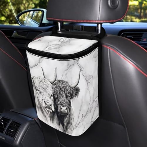 Image of Talayituse Highland Cattle Marble Print Car Trash Bin, Large Size Auto Trash Can Adjustable Portable Garbage Can with Lid, Vehicle Hanging Bag for Headrest Front Back Seat