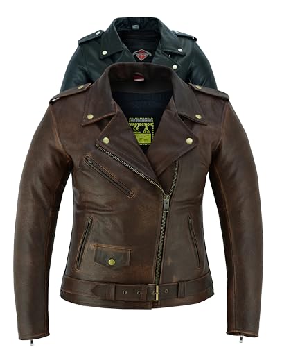 Texpeed Veste moto en cuir pour femme perfect Marlon Brando - Veste de moto de tourisme avec protection véritable biker CE armor (EN 1621-1) Marron - M